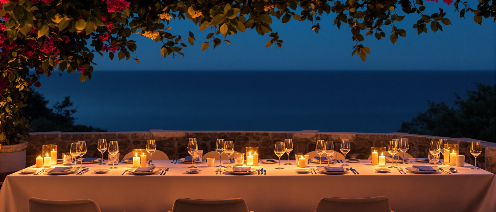 Atlas Group Travel luxury group consultation: a candlelit table set for sixteen at blue hour overlooking the Mediterranean, awaiting an Atlas group of fifteen or more travelers.