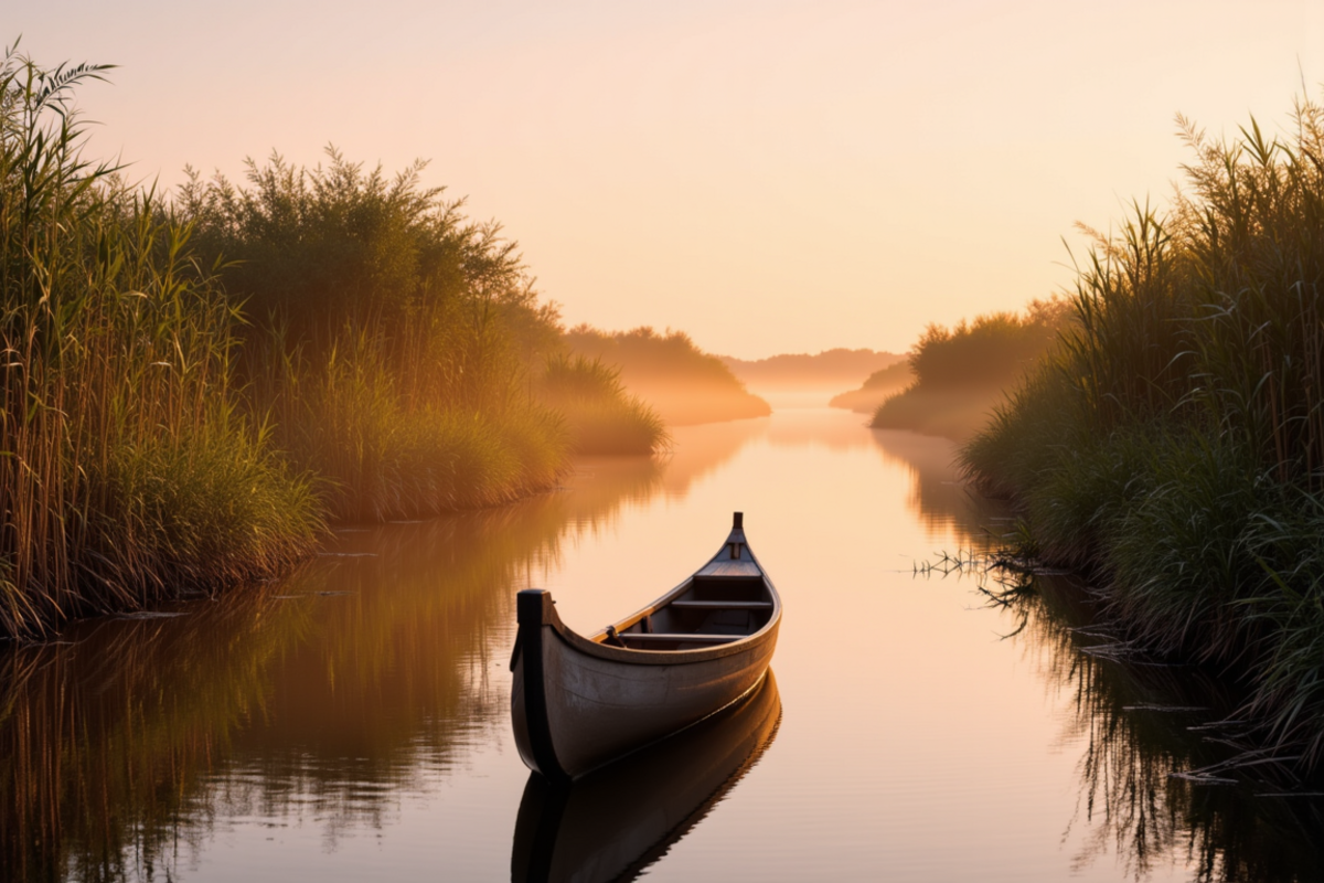 Luxury group safari Botswana with Atlas Group Travel: a narrow papyrus-fringed watercourse through the Okavango Delta at first light with a single wooden mokoro canoe on the reed bank and low mist drifting over glassy still water.