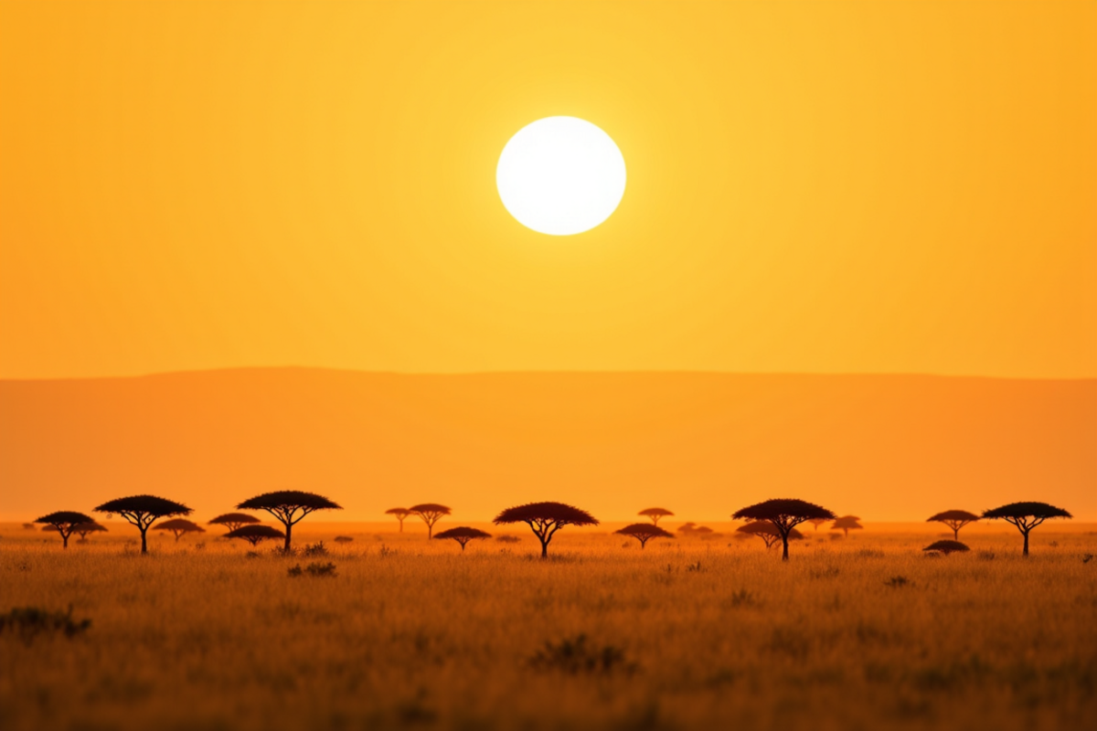 Luxury group safari Kenya with Atlas Group Travel: the Masai Mara at golden hour with iconic flat-topped acacia trees silhouetted against a warm amber sky and a distant escarpment rising on the horizon.