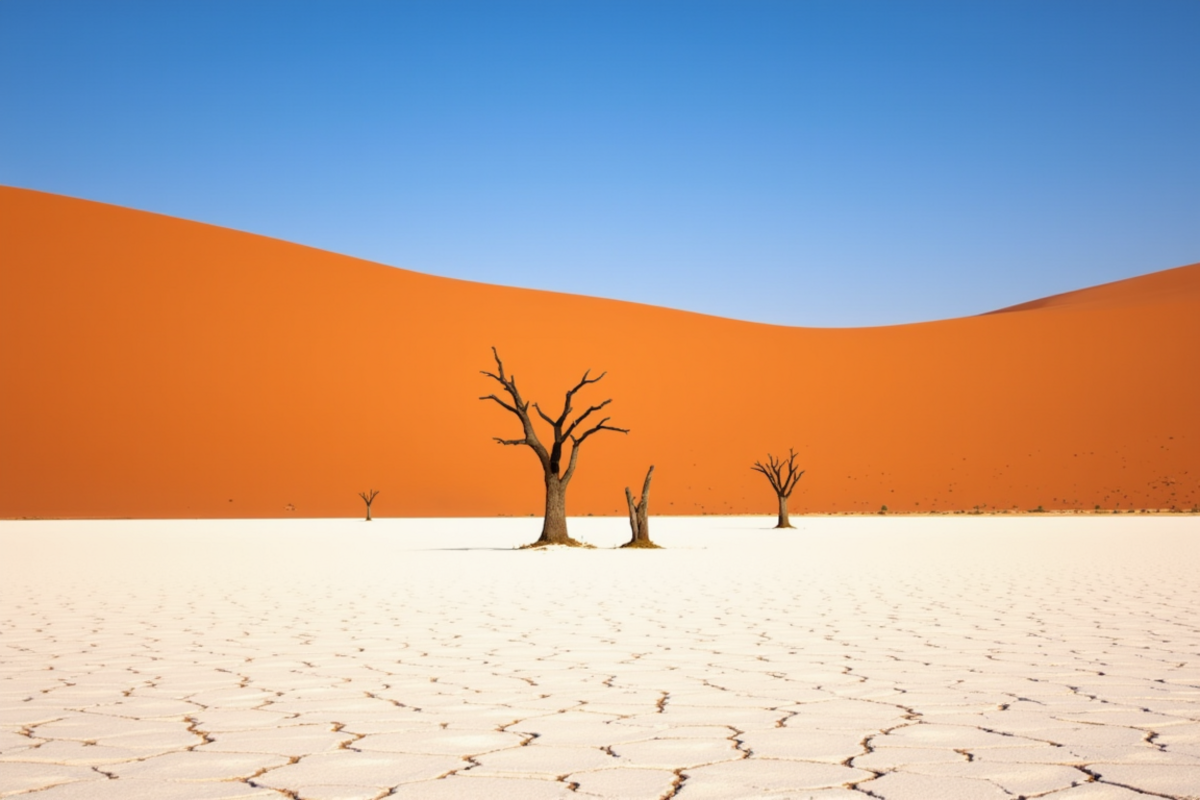 Luxury group journey Namibia with Atlas Group Travel: the ancient white-clay pan of Sossusvlei at first light with dramatic deep-red dunes rising in the background and skeletal dead camelthorn trees standing sentinel on the cracked clay floor.