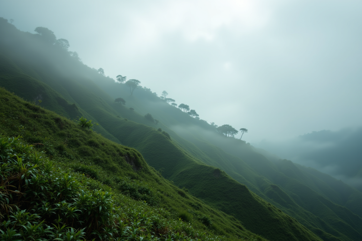 Luxury group journey Rwanda with Atlas Group Travel: a misty Virunga mountain forest at first light with moss-draped tropical trees on a volcanic ridge and distant volcanic peaks barely visible through cloud.