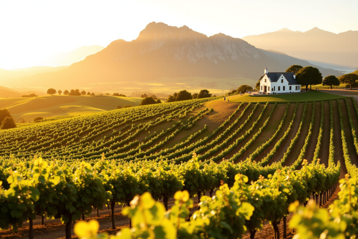 Luxury group journey South Africa with Atlas Group Travel: the Cape Winelands at golden hour with rolling vineyards climbing toward the granite Stellenbosch mountains and a single whitewashed Cape Dutch farmhouse nestled among oak trees.