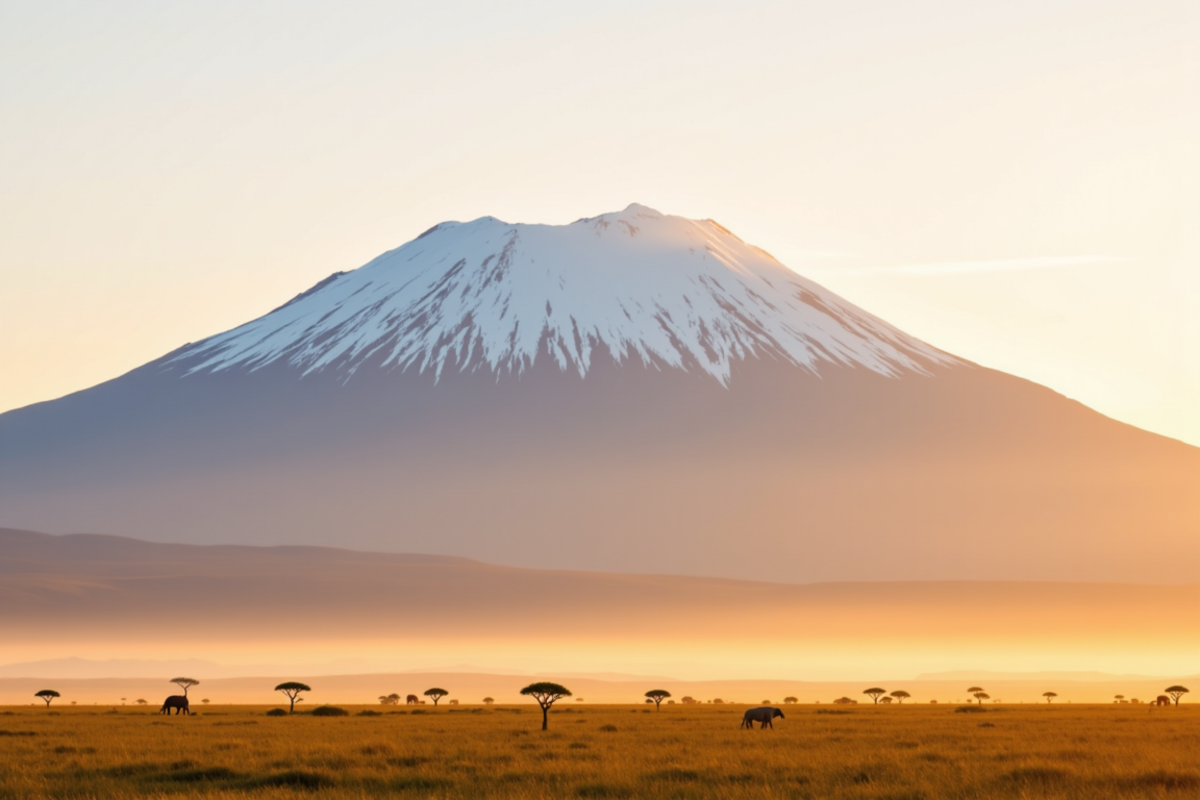 Luxury group safari Tanzania with Atlas Group Travel: the snow-capped summit of Mount Kilimanjaro rising above the Serengeti plains in atmospheric haze with scattered umbrella acacias on the savannah.
