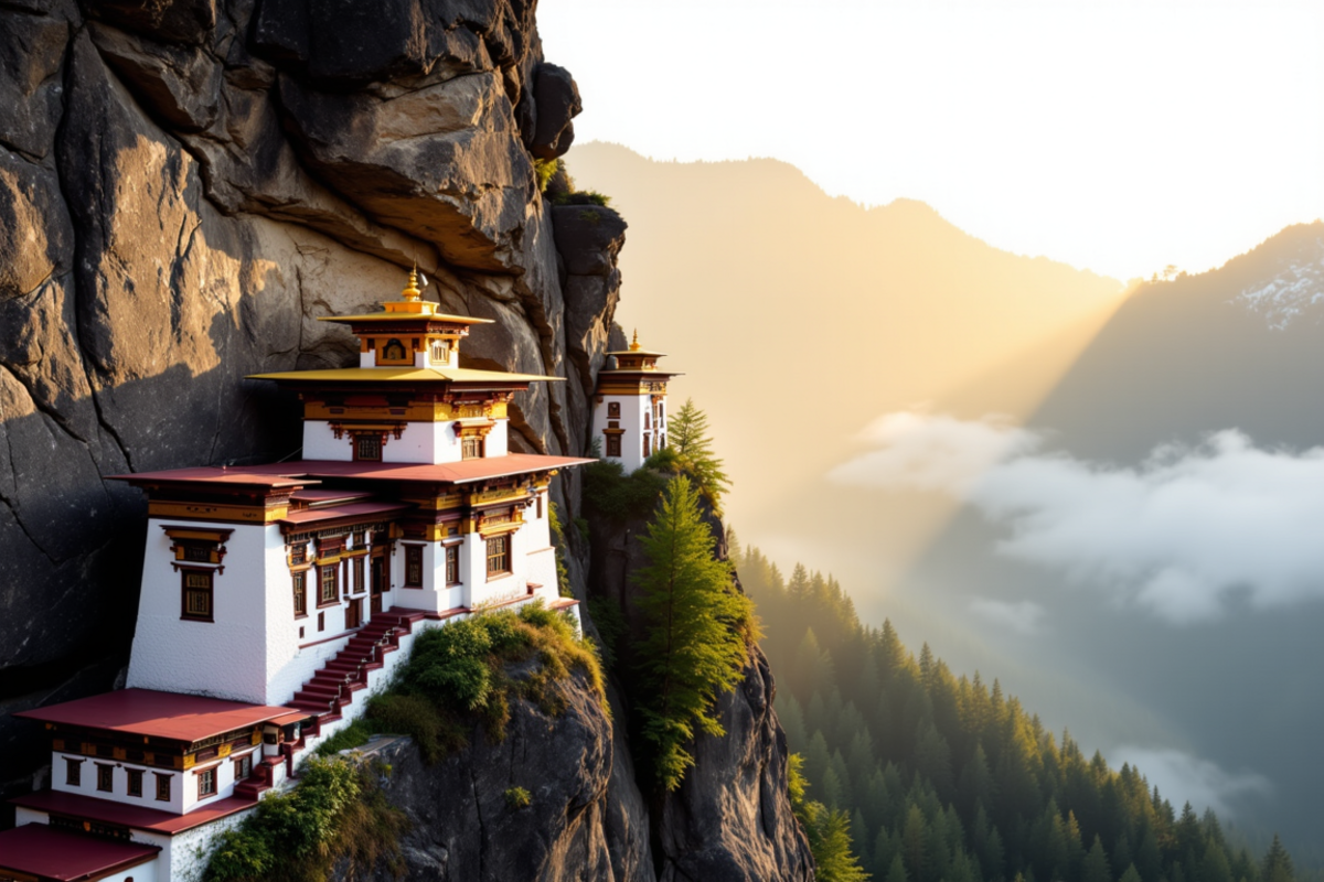 Luxury group journey Bhutan with Atlas Group Travel: the Paro Taktsang Tiger's Nest monastery clinging to a sheer Himalayan cliff face at golden hour above a misty valley below.