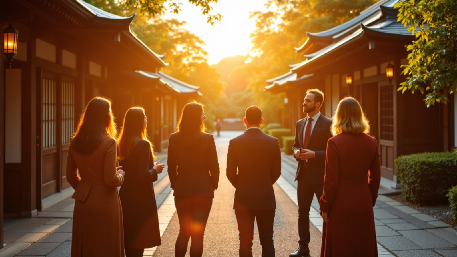 Luxury Japan tours with Atlas Group Travel: a guide and a group in a Kyoto temple lane at golden hour.
