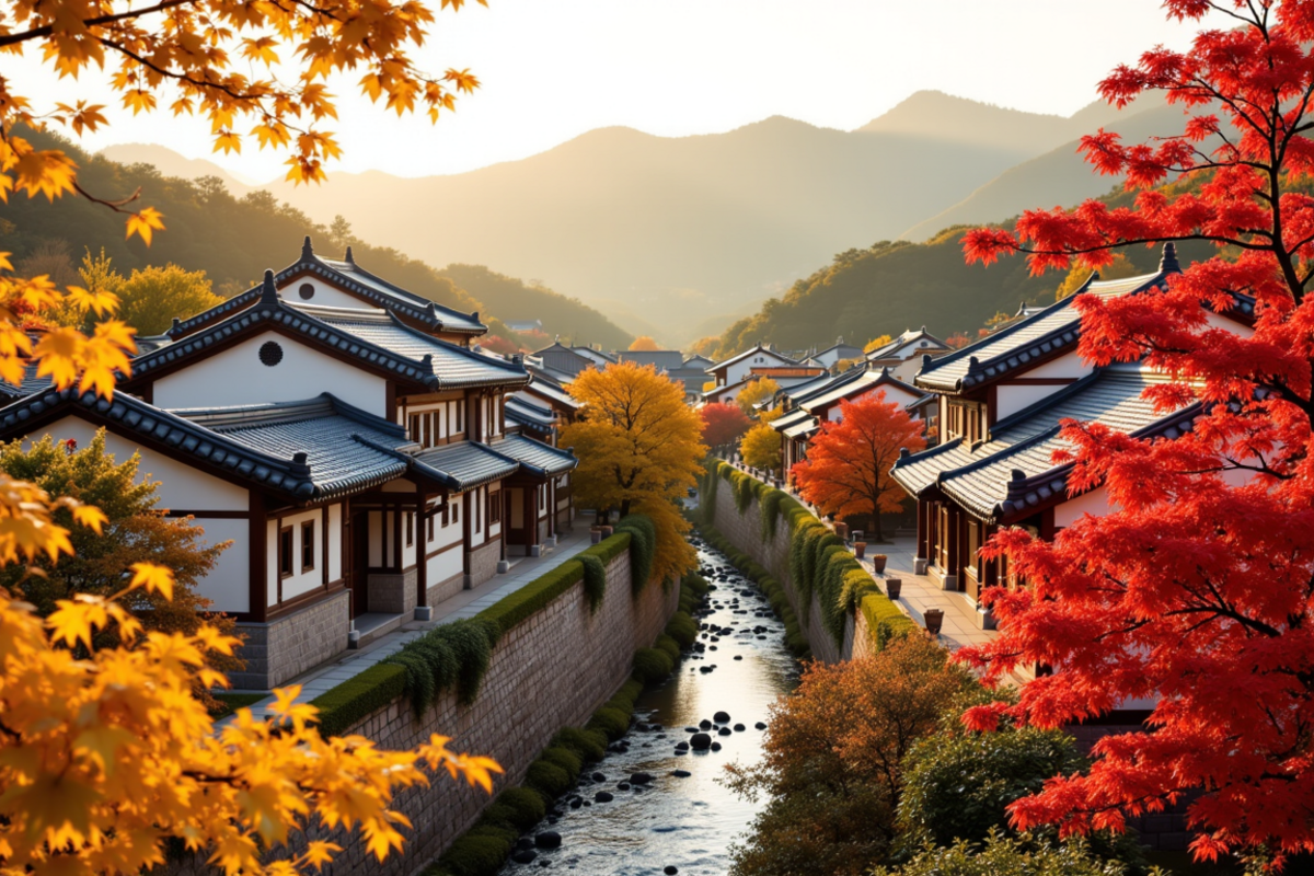 Luxury group journey South Korea with Atlas Group Travel: a traditional Korean hanok village at peak autumn colour with low traditional houses and curved dark grey tile roofs nestled along a stream and scattered red maple and golden ginkgo trees.
