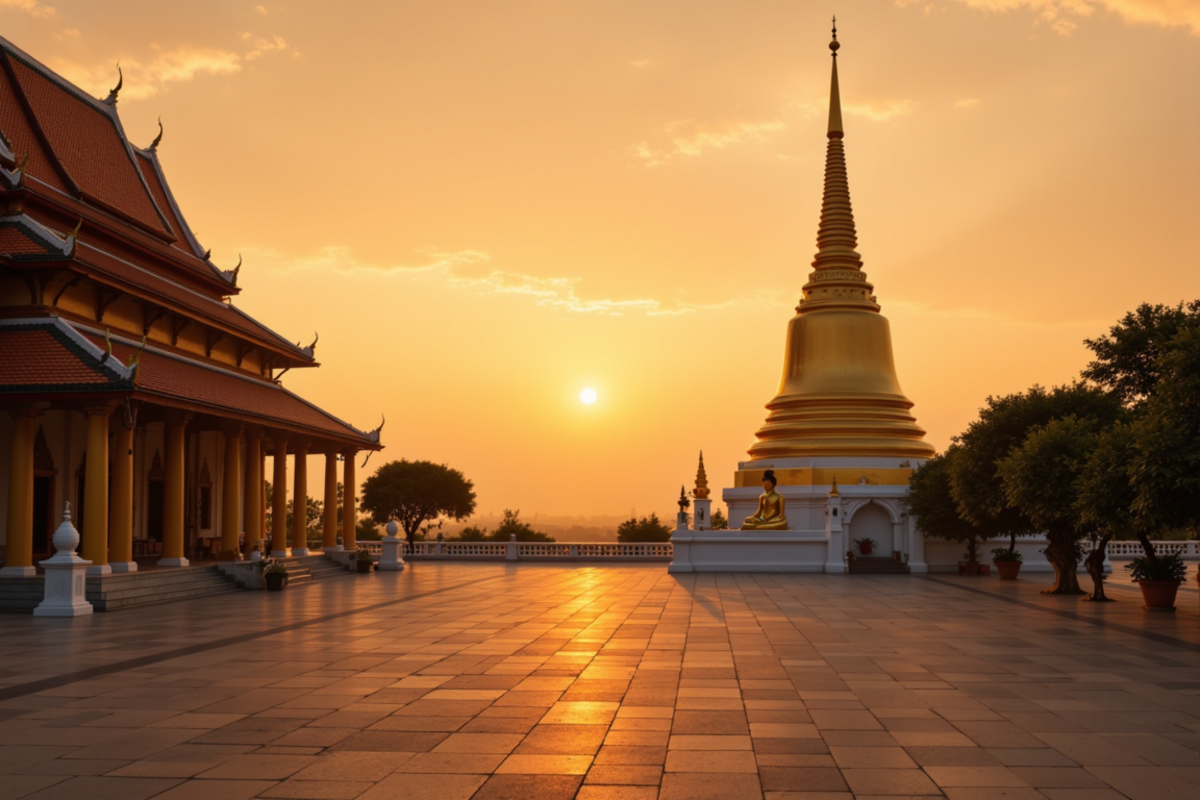 Luxury group journey Thailand and Laos with Atlas Group Travel: a Laotian Mekong-river temple complex at dusk with tiered gold and crimson roofs against a warm sunset sky and the wide Mekong river beyond.