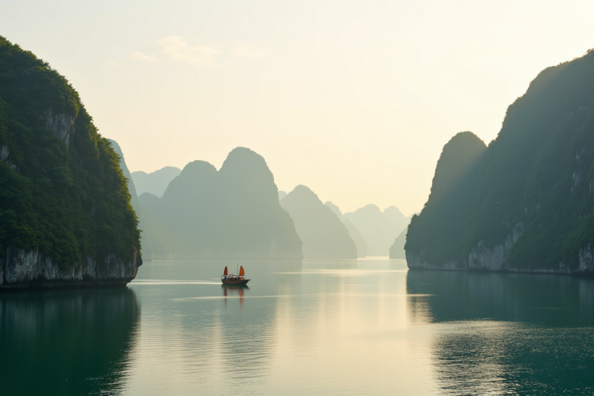 Luxury group journey Vietnam and Cambodia with Atlas Group Travel: the limestone karsts of Halong Bay at first light with dramatic green-jungled rock spires rising directly out of a mirror-still emerald sea and a single traditional Vietnamese junk boat anchored in the middle distance.