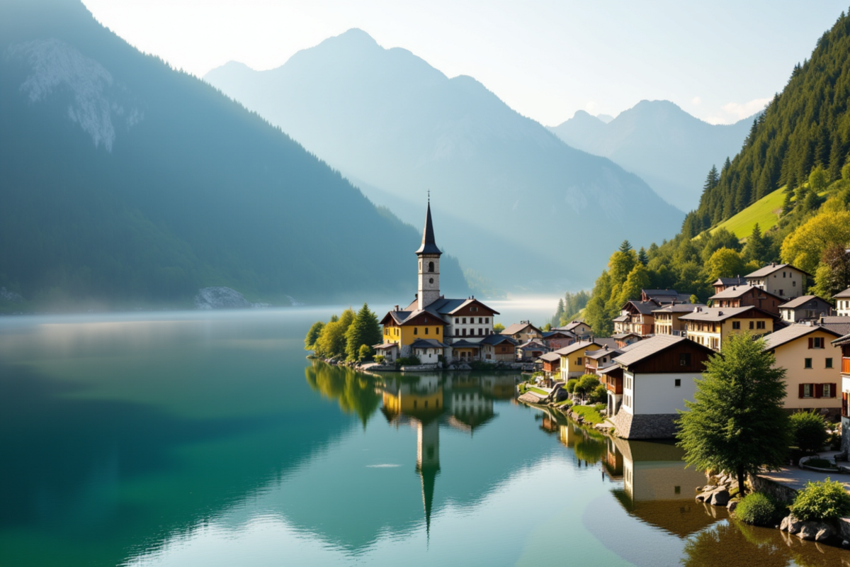 Luxury group journey Central Europe with Atlas Group Travel: an Austrian Salzkammergut alpine lakeside village at first light with a mirror-still emerald lake reflecting wooded Alpine peaks and pastel-painted houses with steep tile roofs along the shore.