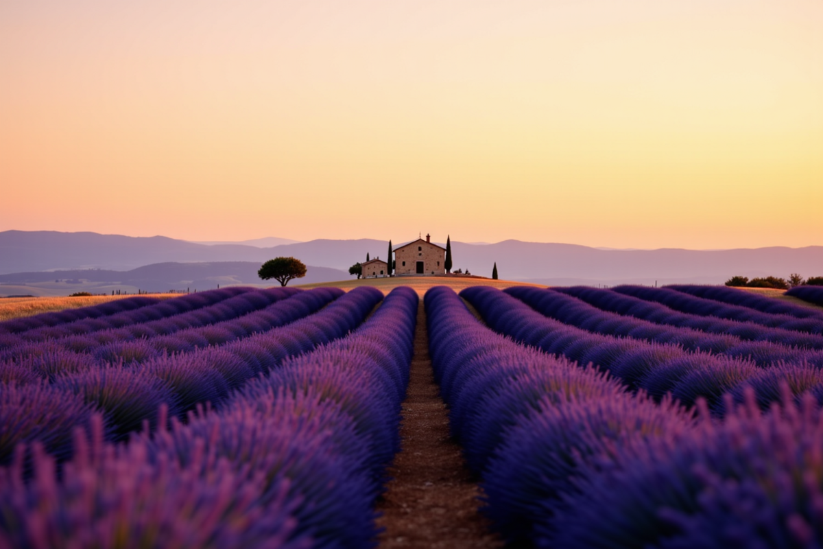 Luxury group journey France with Atlas Group Travel: the lavender fields of Provence at dusk with parallel rows of deep purple lavender converging on a distant stone farmhouse framed by a single dark cypress.