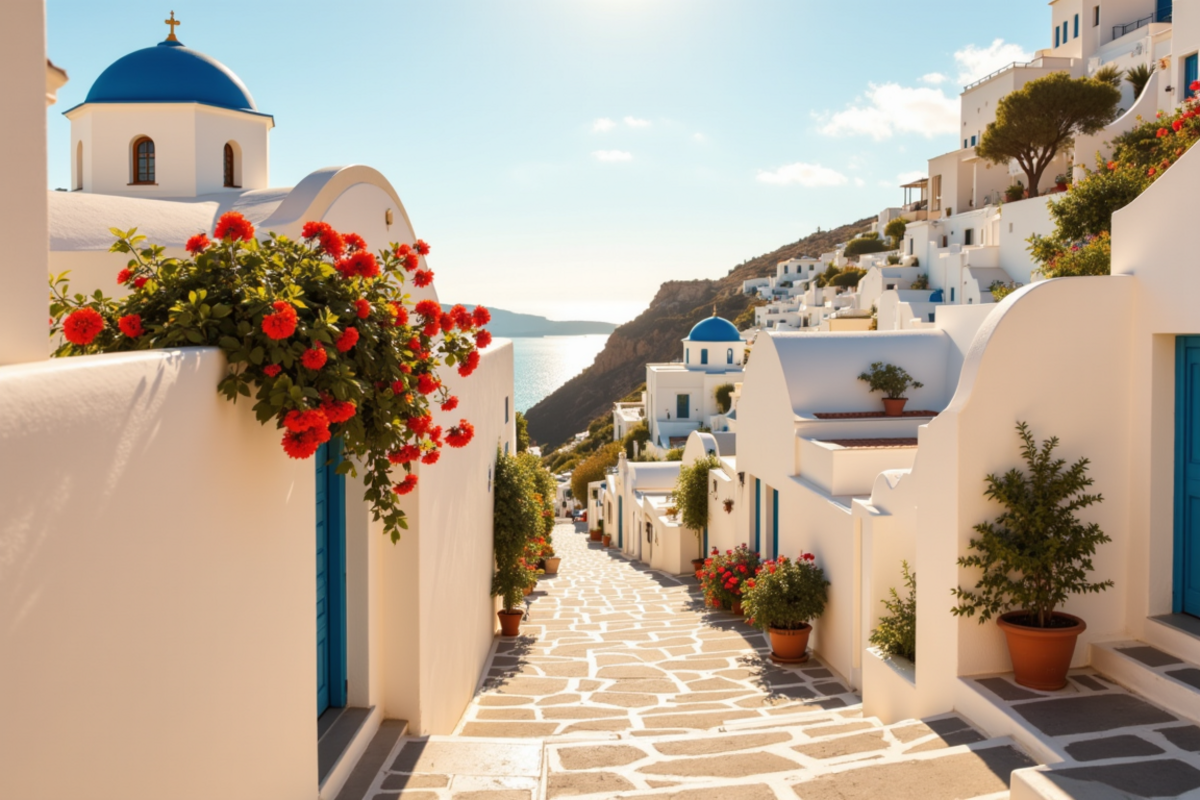 Luxury group journey Greece with Atlas Group Travel: a Cycladic Greek island village at golden hour with whitewashed cubic stone houses and cobalt-blue domed church cupolas cascading down a steep hillside to the deep cobalt Aegean sea below.