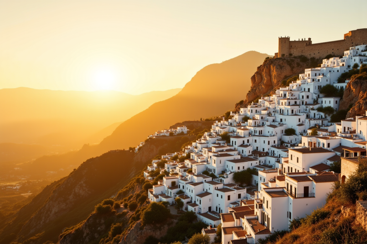 Luxury group journey Spain and Portugal with Atlas Group Travel: an Andalusian whitewashed pueblo blanco at golden hour with red terracotta roofs cascading down a steep limestone hillside and a distant Moorish castle silhouette on the ridge.