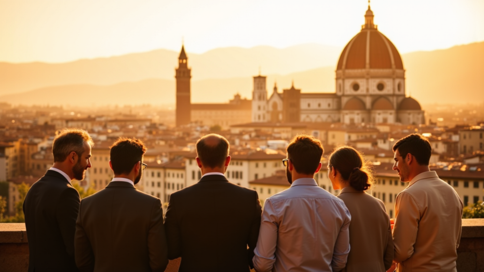 Luxury Italy tours with Atlas Group Travel: a group and a guide on a Florence terrace overlooking the Duomo.