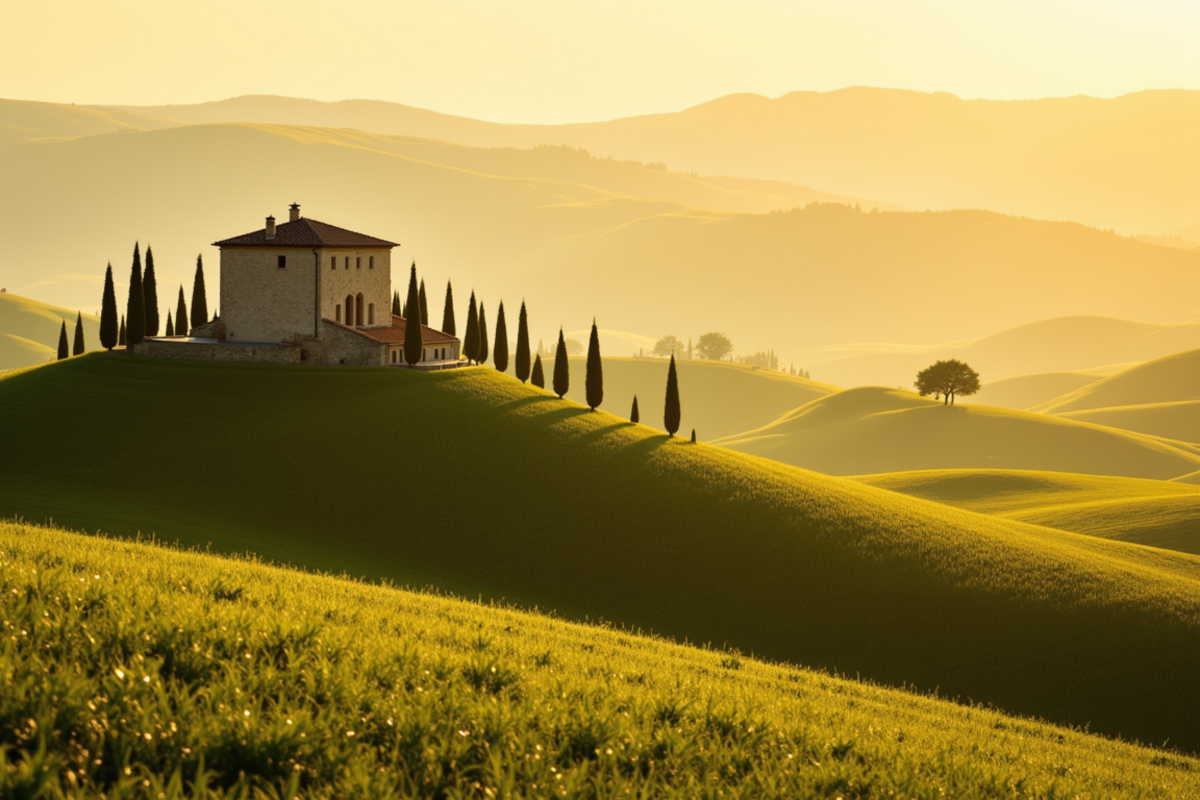 Luxury group journey Italy with Atlas Group Travel: the Val d'Orcia Tuscan countryside at golden hour with rolling green hills, symmetric vineyards, a single stone farmhouse with terracotta roof, and classical Italian cypress trees.