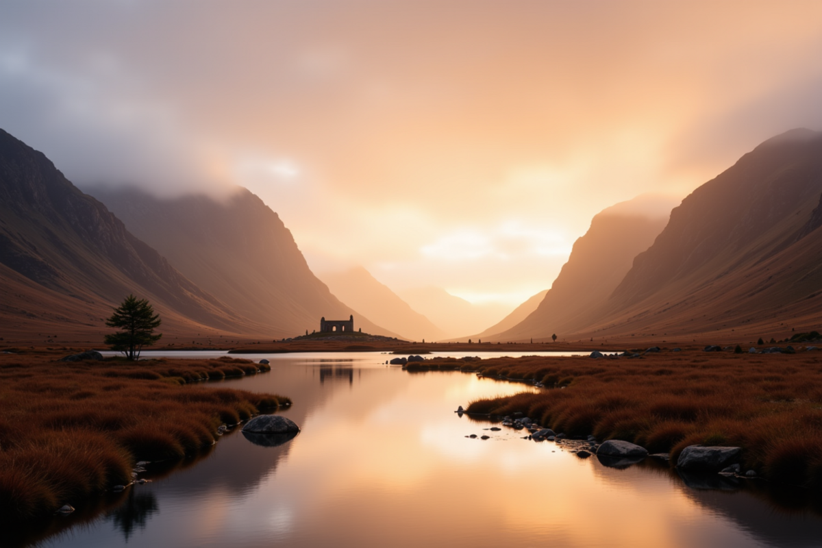 Luxury group journey Scotland and Ireland with Atlas Group Travel: a Scottish Highlands loch at golden hour with mirror-still dark water, banks of deep purple heather, and a single stone-built ruined chapel on the far shore.