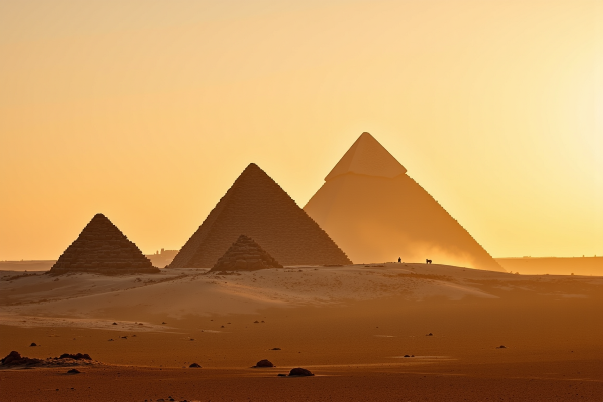Luxury group journey Egypt with Atlas Group Travel: the Pyramids of Giza at first light with the iconic three pyramids of Khufu, Khafre and Menkaure rising from a vast desert plain with the highest summit catching warm amber dawn light.