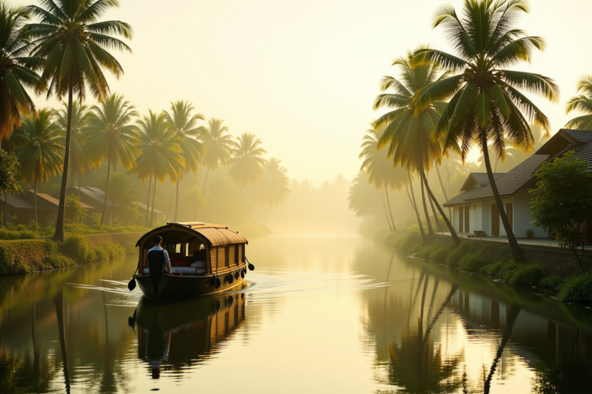 Luxury group journey India with Atlas Group Travel: the Kerala backwaters at first light with a tranquil palm-fringed inland waterway with mirror-still emerald water reflecting overhanging coconut palms and a single traditional Keralan kettuvallam houseboat moored at a stone landing.