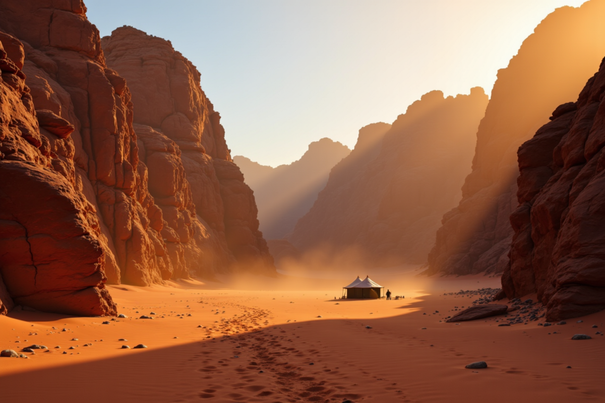 Luxury group journey Oman with Atlas Group Travel: the Wadi Rum desert at dusk with vast dramatic red-and-amber sandstone monoliths rising from a sea of rippled deep-red sand and a single empty traditional Bedouin tent in the middle distance.