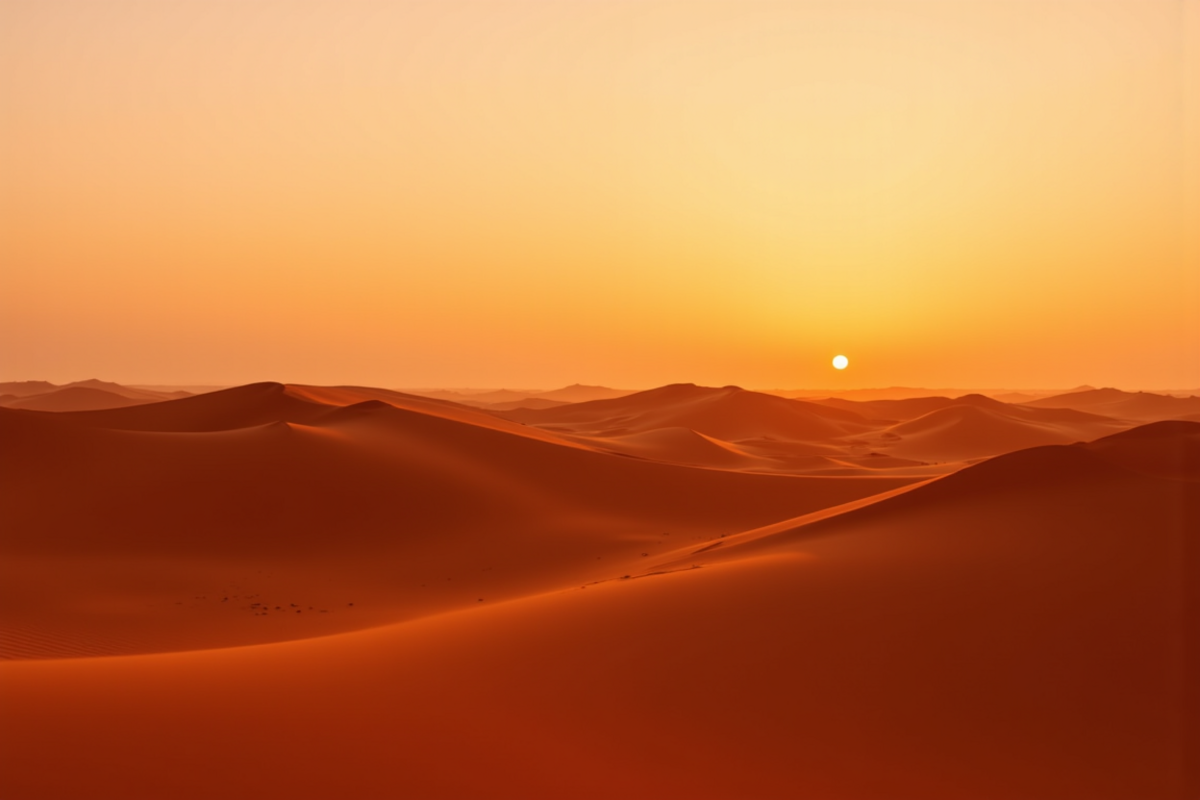Luxury group journey UAE with Atlas Group Travel: the Rub' al Khali Empty Quarter desert at golden hour with a vast ocean of perfect crescent-shaped red sand dunes stretching to the horizon.