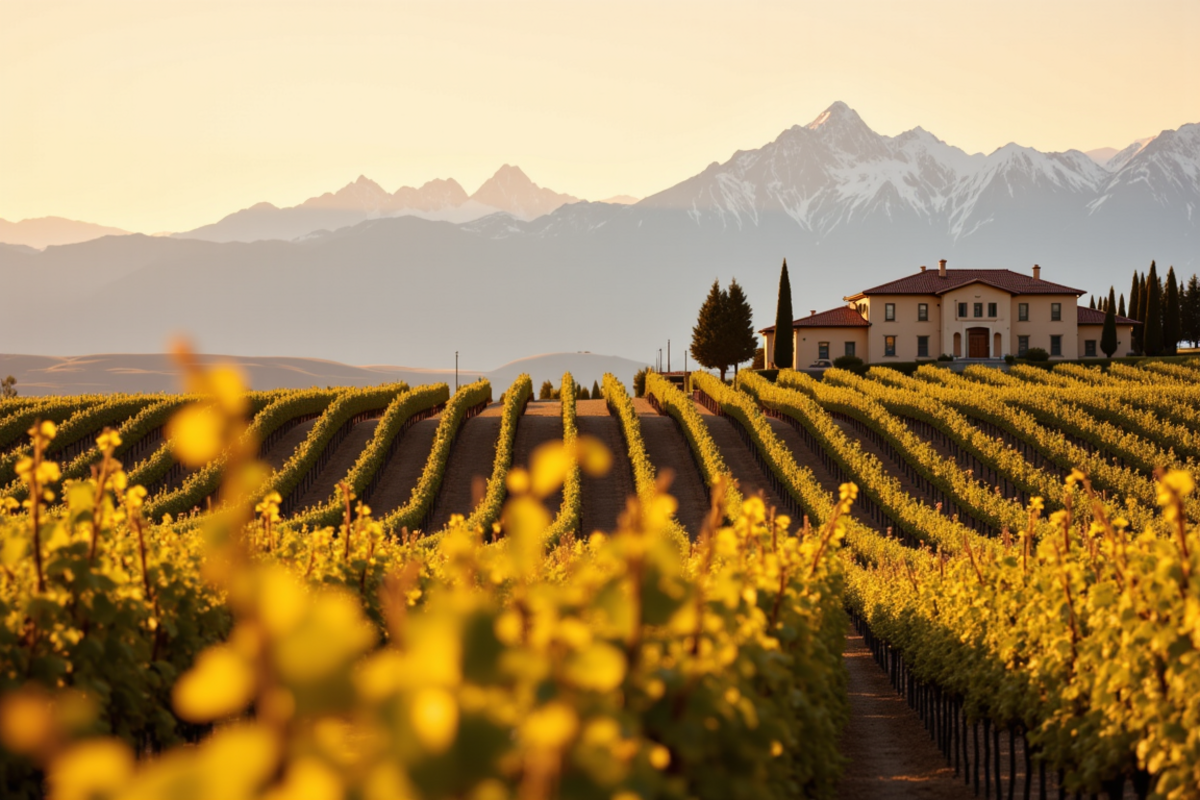 Luxury group journey Argentina and Chile with Atlas Group Travel: the Mendoza wine country at golden hour with symmetric rows of mature vineyards stretching to the horizon converging on the snow-dusted Andes mountains and a single Spanish-colonial estancia with red tile roof.