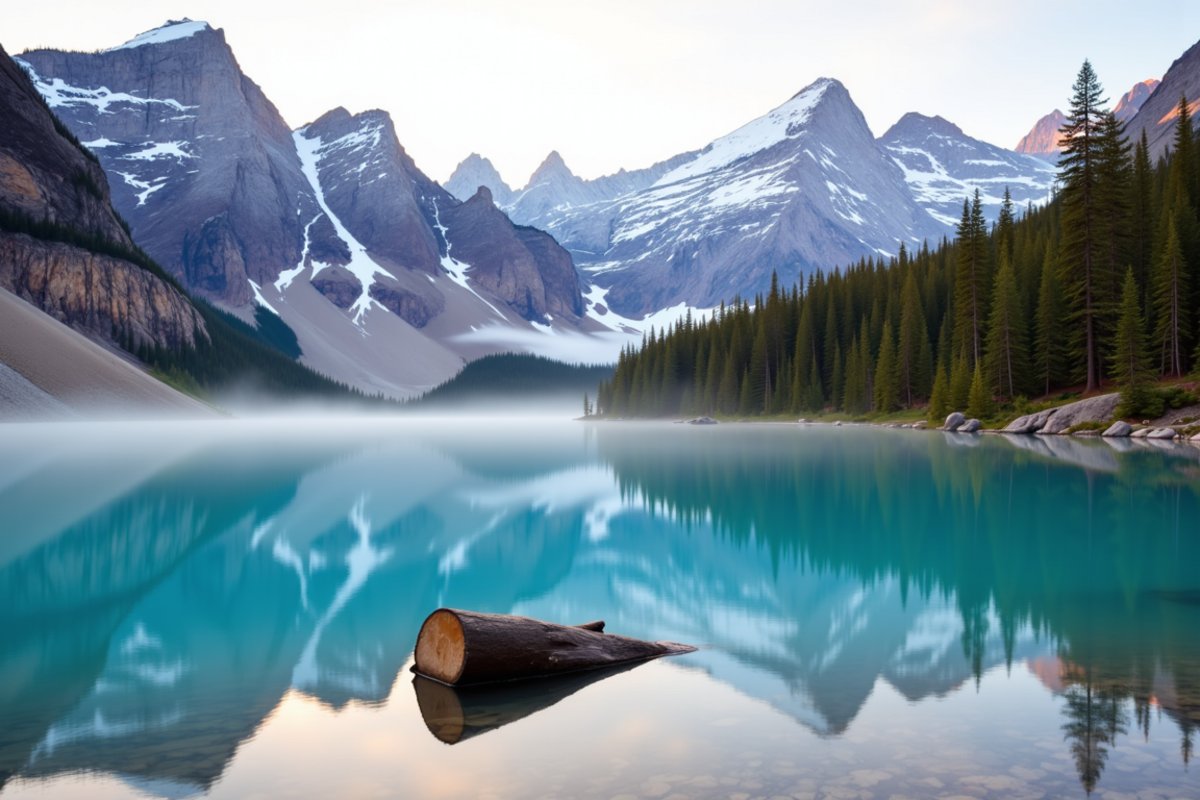 Luxury group journey Canada with Atlas Group Travel: a Canadian Rockies turquoise alpine lake at first light with dramatic snow-dusted granite peaks rising directly from the shore and dense evergreen forest along the lakeshore.