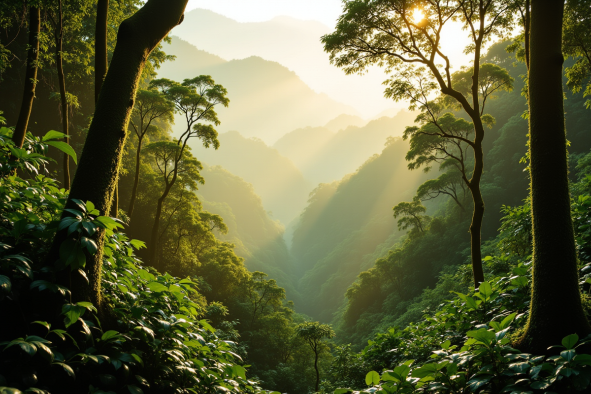Luxury group journey Costa Rica with Atlas Group Travel: the Monteverde cloud forest at first light with a deep lush tropical valley filled with low cloud and atmospheric mist drifting between moss-draped tall trees and a single dramatic strangler fig with hanging vines.