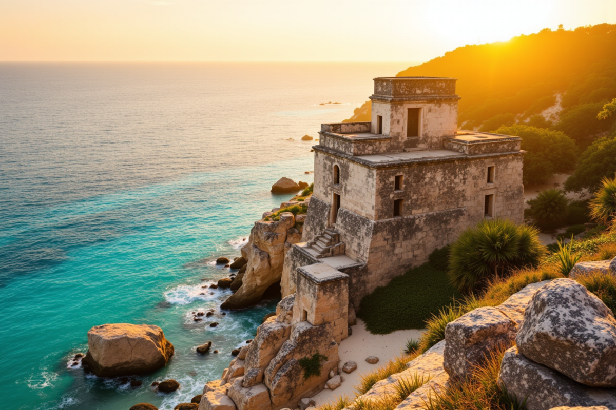 Luxury group journey Mexico with Atlas Group Travel: the ancient Mayan ruins of Tulum at golden hour with a weathered pale-limestone Mayan temple perched on a low cliff above the deep turquoise Caribbean Sea.
