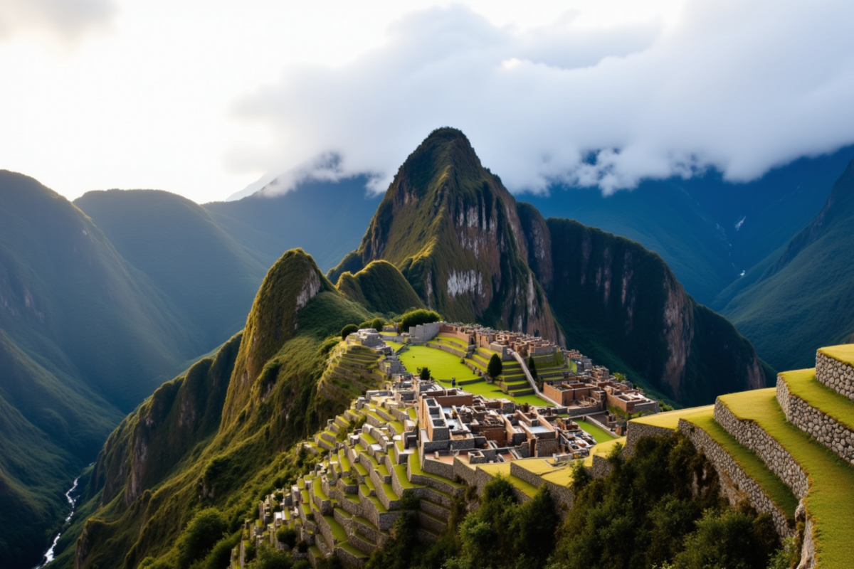 Luxury group journey Peru with Atlas Group Travel: the Inca citadel of Machu Picchu at first light with the iconic stone-terraced ruins rising dramatically against the sugarloaf granite peak of Huayna Picchu in the background and deep morning cloud drifting between the terraces.