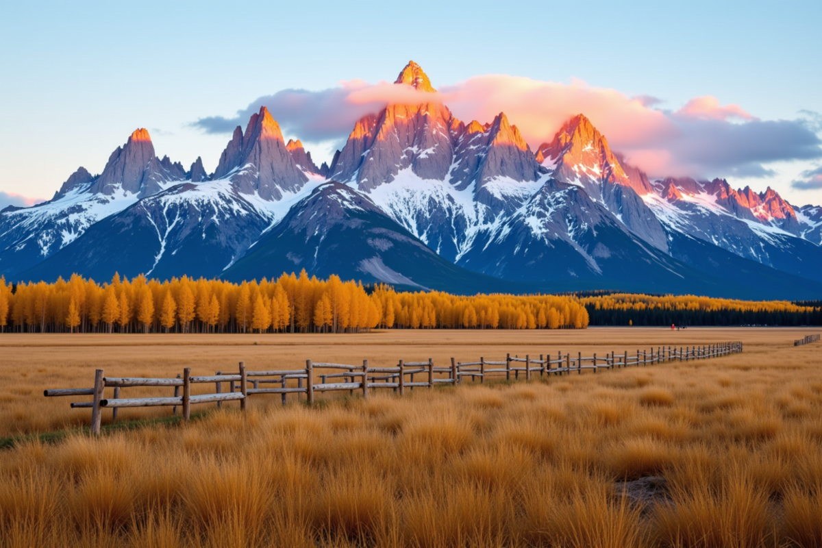 Luxury group journey United States with Atlas Group Travel: the Grand Tetons of Wyoming at first light with dramatic jagged granite peaks rising sharply from a wide foreground meadow of golden aspen groves at peak autumn colour.