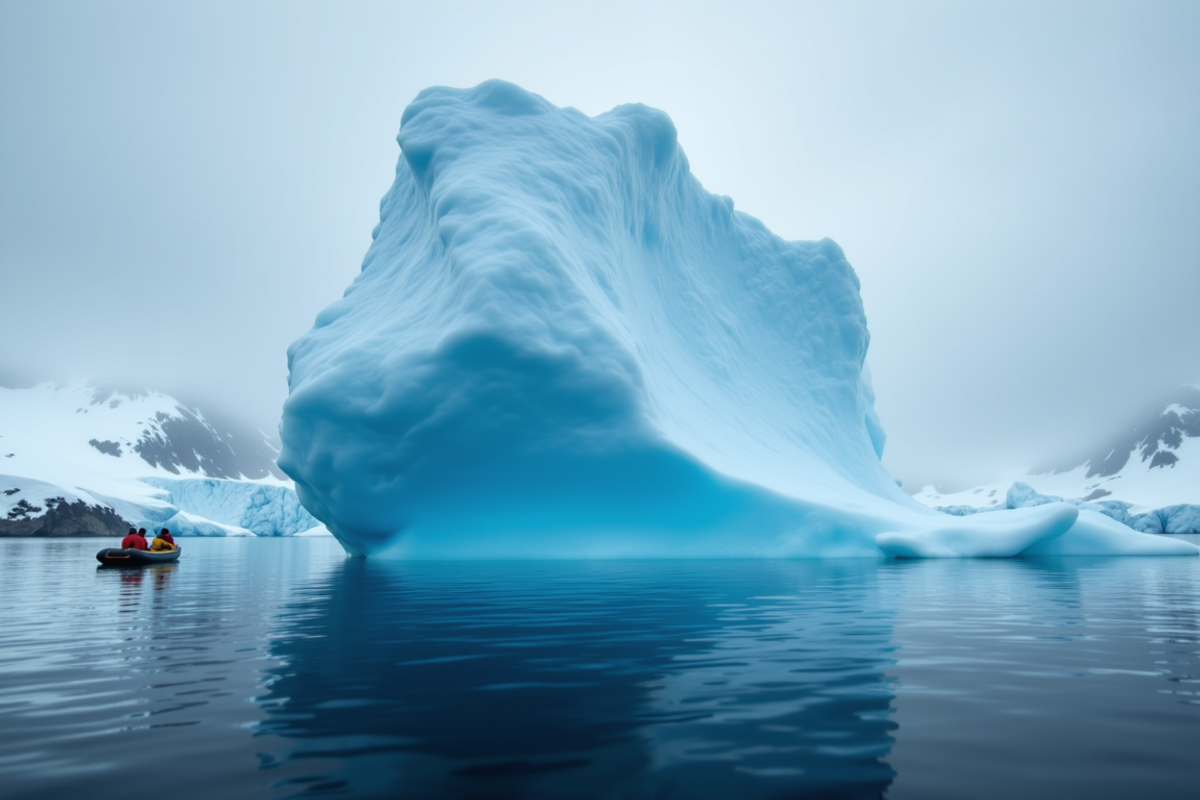 Antarctica private expedition with Atlas Group Travel: a single zodiac of travelers crosses glassy blue-hour water beside a massive iceberg in Antarctic peninsula waters, snow ridges in atmospheric mist beyond.