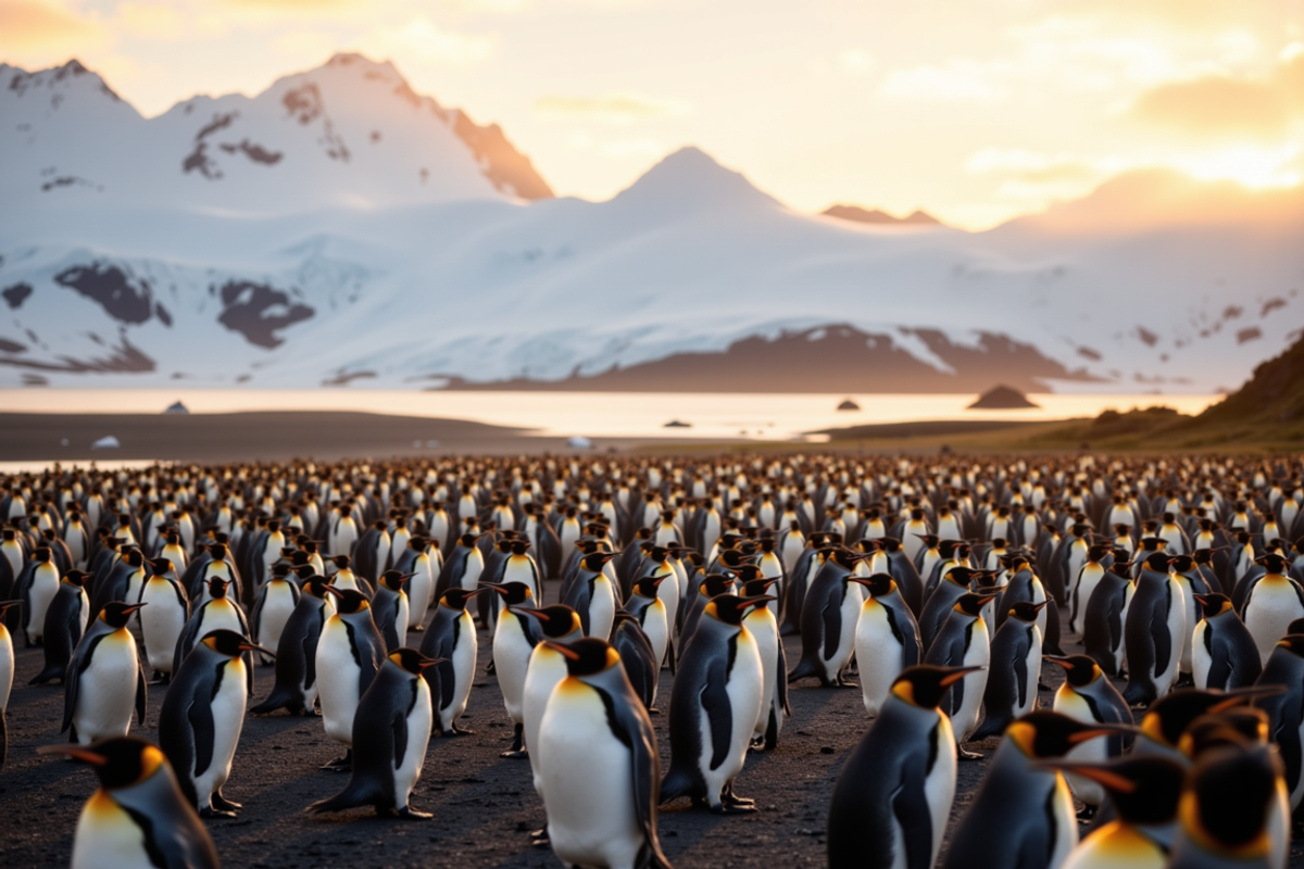 Antarctica and South Georgia birding journey with Atlas Group Travel: a vast king penguin colony on a South Georgia tussock beach at blue hour, thousands of king penguins stretching to the foothills of distant snow-capped mountains, soft warm light raking across the colony.