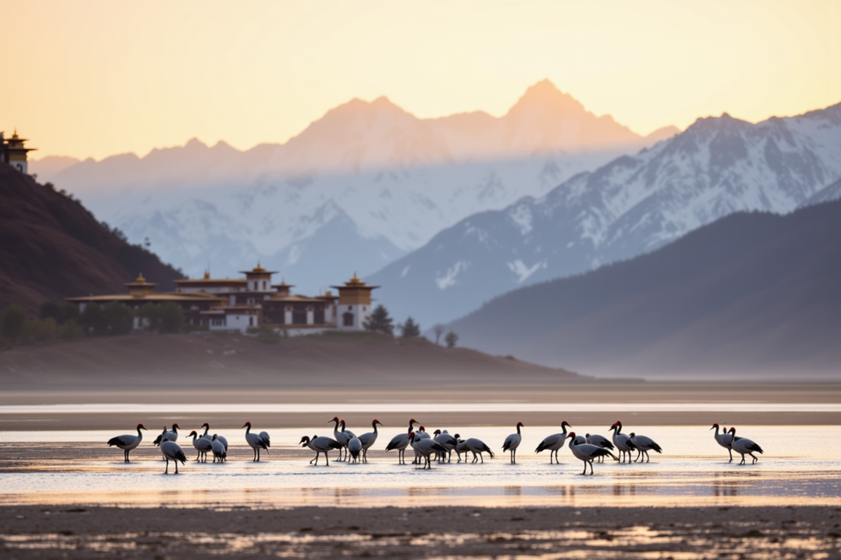 Bhutan and Phobjikha Valley birding with Atlas Group Travel: a flock of black-necked cranes wading in a wide glacial wetland at first light, dzong rooftops on a distant hillside in atmospheric mist, snowcapped Himalayan peaks catching warm alpenglow beyond.