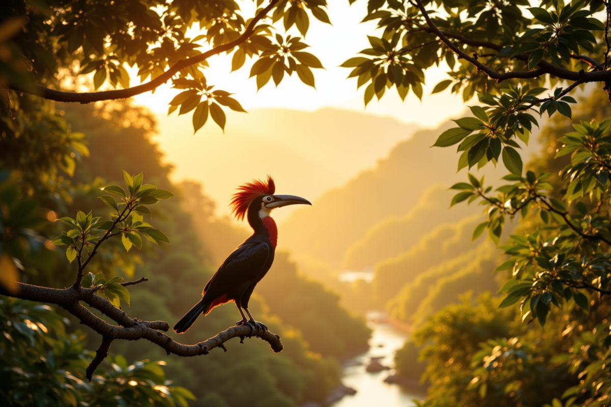 Borneo Sabah and Kinabatangan birding journey with Atlas Group Travel: a rhinoceros hornbill perched on a dipterocarp branch high in the Bornean rainforest canopy at first light, soft golden mist filtering through the leaves, a wide river bend visible far below in atmospheric haze.