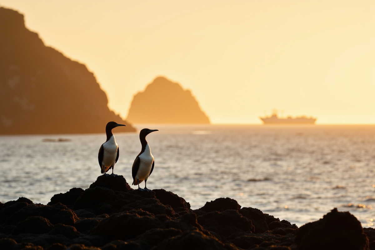 Galapagos Islands birding journey with Atlas Group Travel: two blue-footed boobies standing on dark volcanic rock above the Pacific at golden hour, distant sea cliffs and a single private expedition vessel anchored far offshore, warm sidelight on the rock.