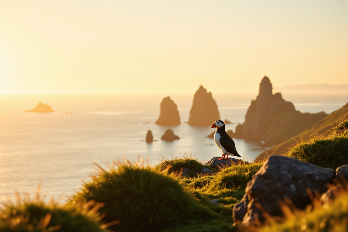 Iceland and Westman Islands birding journey with Atlas Group Travel: a single Atlantic puffin standing on a moss-covered sea cliff in the Westman Islands at golden hour, the North Atlantic stretching to the horizon, distant basalt sea stacks in atmospheric haze.