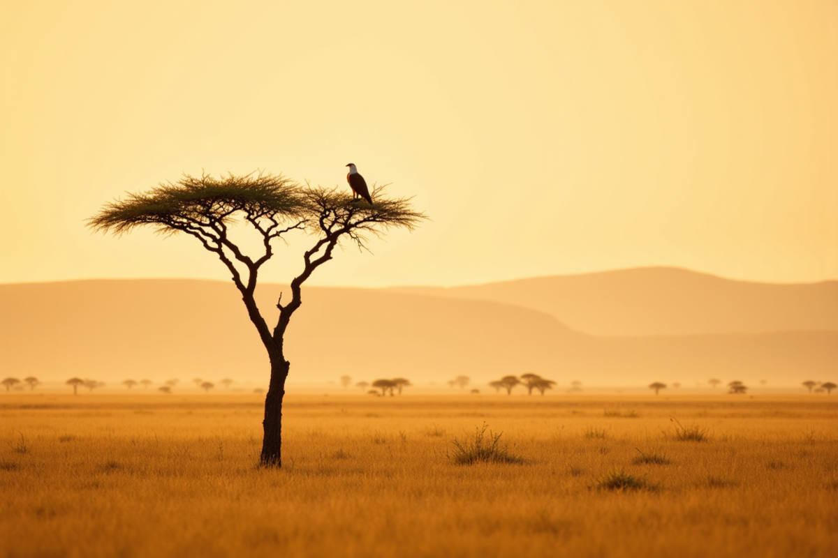 Kruger and Sabi Sand birding journey with Atlas Group Travel: a martial eagle perched on a flat-top acacia at golden hour above South African private-reserve savanna, golden grass and warm dust haze in the foreground, distant koppies in atmospheric haze.