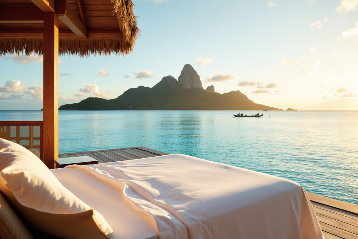 South Pacific private atoll journey with Atlas Group Travel: an overwater villa deck open to the lagoon at first light, Mount Otemanu in atmospheric haze, a single outrigger canoe seen at distance on glass-still water, warm sidelight on bleached teak.
