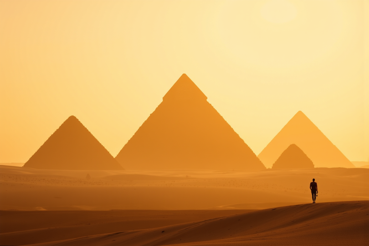 Cairo, the Pyramids and Luxor journey with Atlas Group Travel: the Pyramids of Giza at first light from a quiet desert viewpoint, the three pyramids in warm dawn sidelight against an amber sky, atmospheric haze across the plain.