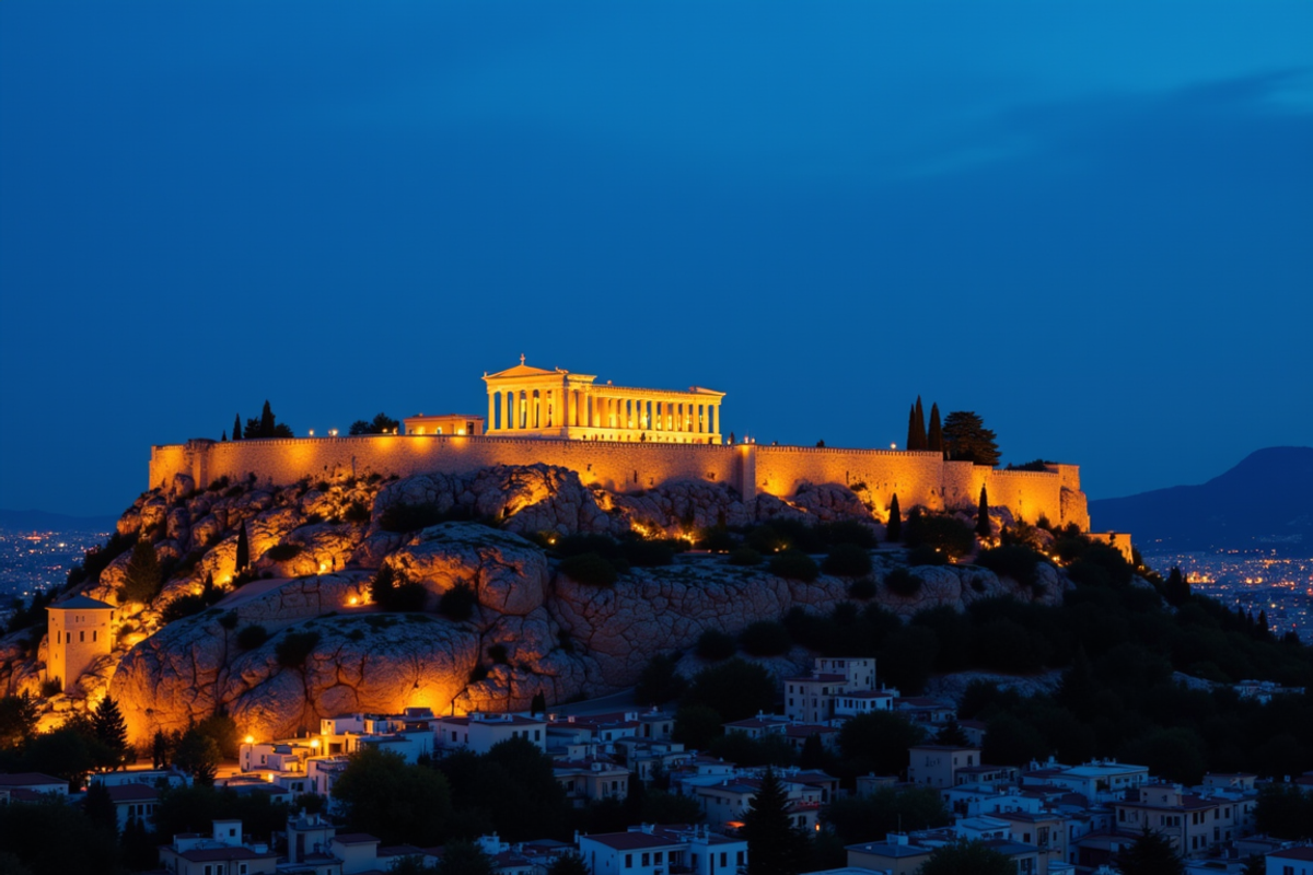 Athens, Delphi and Crete journey with Atlas Group Travel: the Acropolis of Athens at blue hour from a rooftop viewpoint, the Parthenon catching warm amber spotlight against the dusk sky, the lit city stretching to the Saronic Gulf beyond.