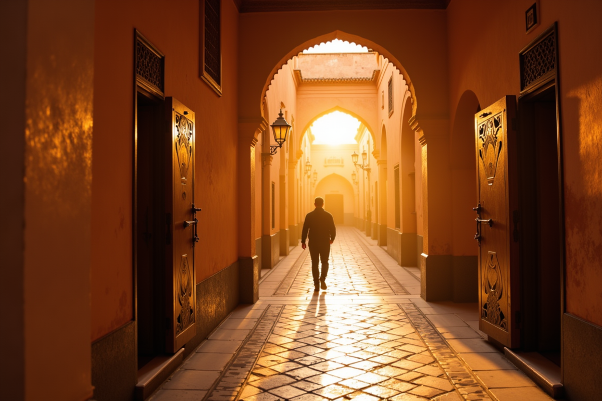 Marrakech, Fes and Casablanca journey with Atlas Group Travel: a narrow Moroccan medina alley in Fes at golden hour, warm sandstone walls and zellige tile underfoot, intricate cedar lattice doors, soft sidelight raking through a high arched passage.
