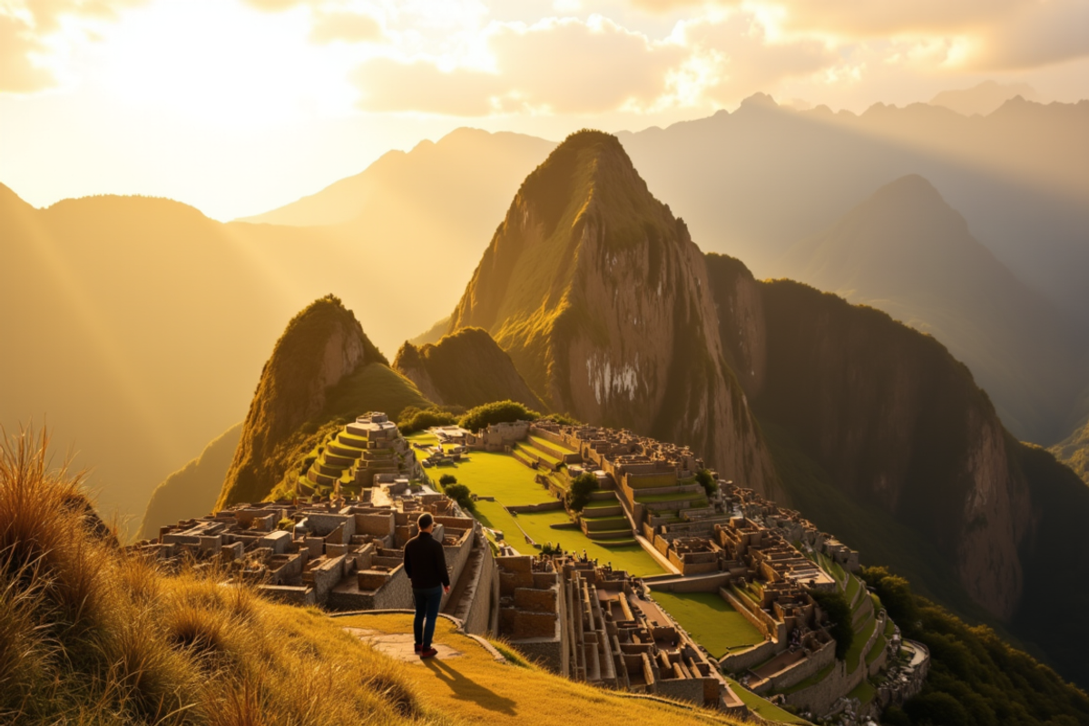 Cusco, Sacred Valley and Machu Picchu journey with Atlas Group Travel: Machu Picchu at first light from a quiet upper terrace, the Inca citadel below in soft golden haze with Huayna Picchu rising behind, low cloud rolling through the saddle.