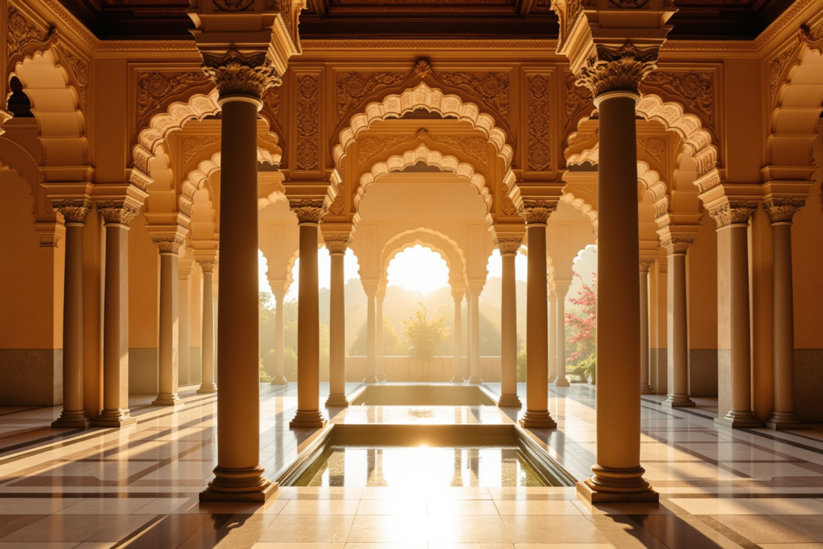 Andalusia and the Alhambra journey with Atlas Group Travel: the Court of the Lions at the Alhambra of Granada at dusk, carved stucco arches and slender marble columns catching warm amber sidelight, a quiet rectangular reflecting pool in the center.