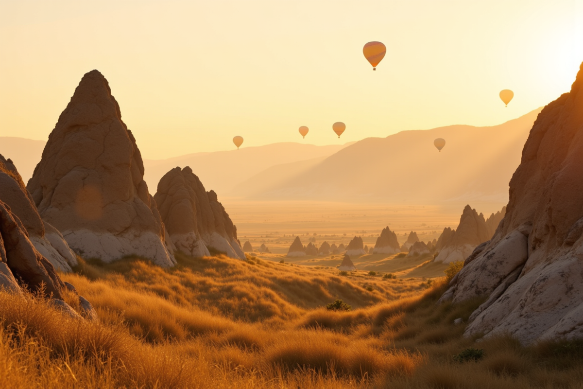 Istanbul, Cappadocia and Ephesus journey with Atlas Group Travel: the Cappadocia tuff valleys at first light, eroded fairy-chimney rock formations stretching into atmospheric haze, a few hot-air balloons rising in the deep distance, warm dawn sidelight on the rock.