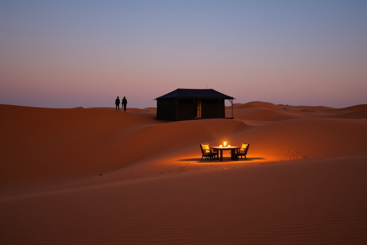 Dubai desert and private dining with Atlas Group Travel: a small private desert camp in the Liwa dunes at blue hour, a black Bedouin tent and a lantern-lit dining table on the sand, two travelers walking the dune ridge in silhouette beneath a violet-to-amber sky.