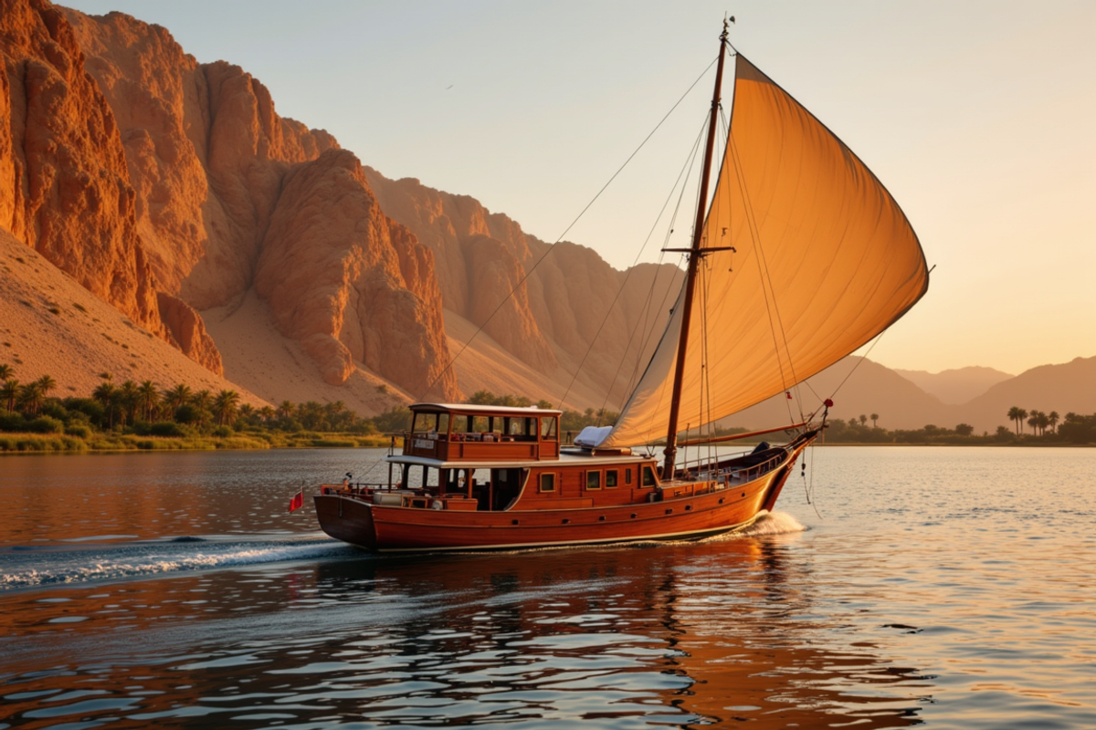 Egypt by private Nile charter with Atlas Group Travel: a restored wooden traditional sailing vessel with a warm gold lateen sail catches the dusk light on the Nile, sandstone cliffs and palms along the riverbank, blue hour reflections on still water.