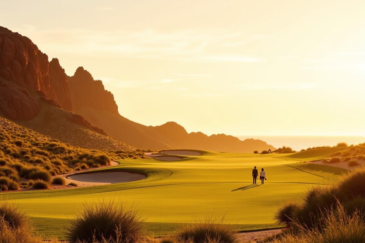 Cabo San Lucas and the Sea of Cortez golf journey with Atlas Group Travel: a desert-meets-ocean fairway at golden hour, dramatic red rock formations and dune-grass framing the green, two travelers walking the fairway at distance, the Sea of Cortez along the horizon.