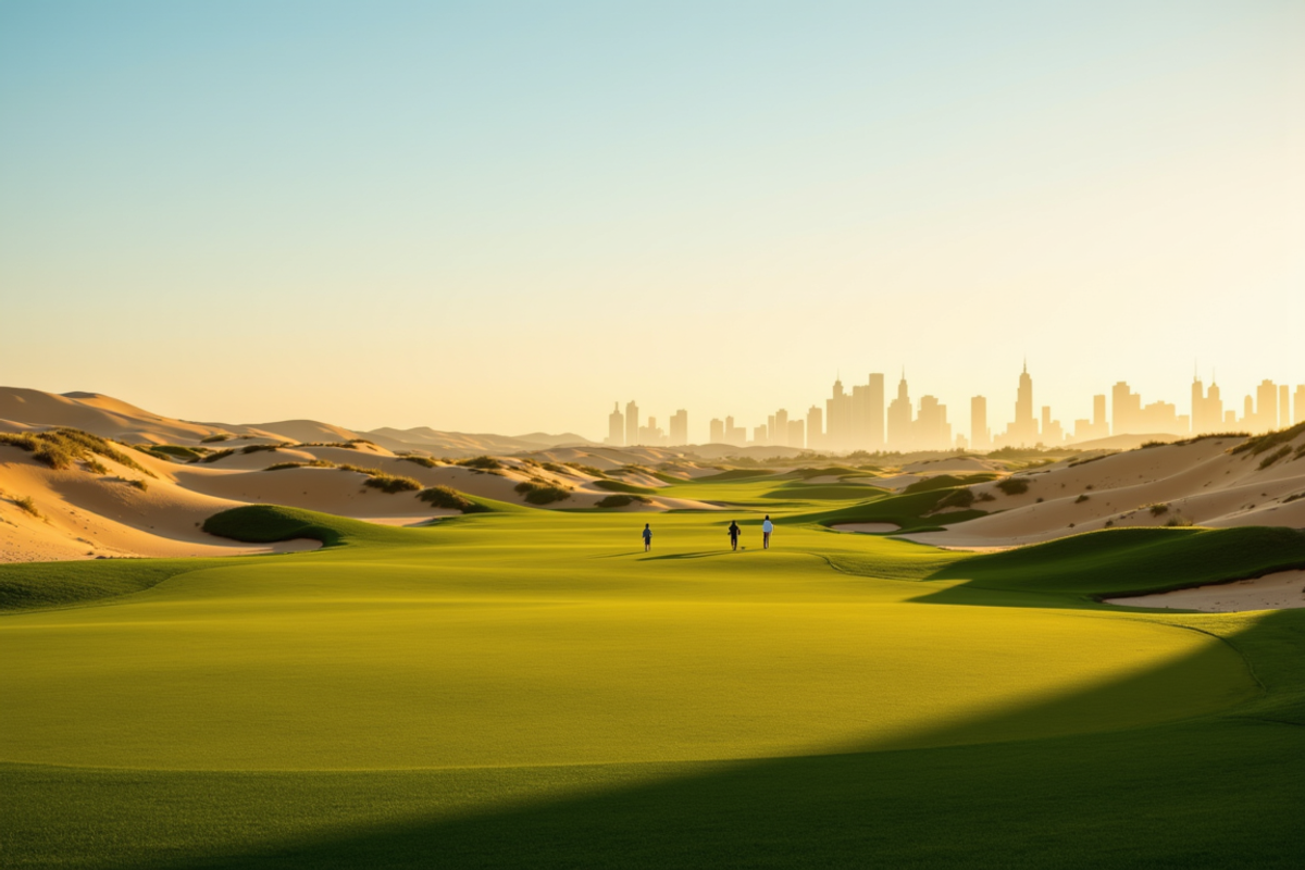 Dubai and the Emirates golf journey with Atlas Group Travel: a manicured championship fairway in the Emirates at dusk, sand dunes framing the empty green, a foursome at distance walking toward a distant city skyline in atmospheric haze.