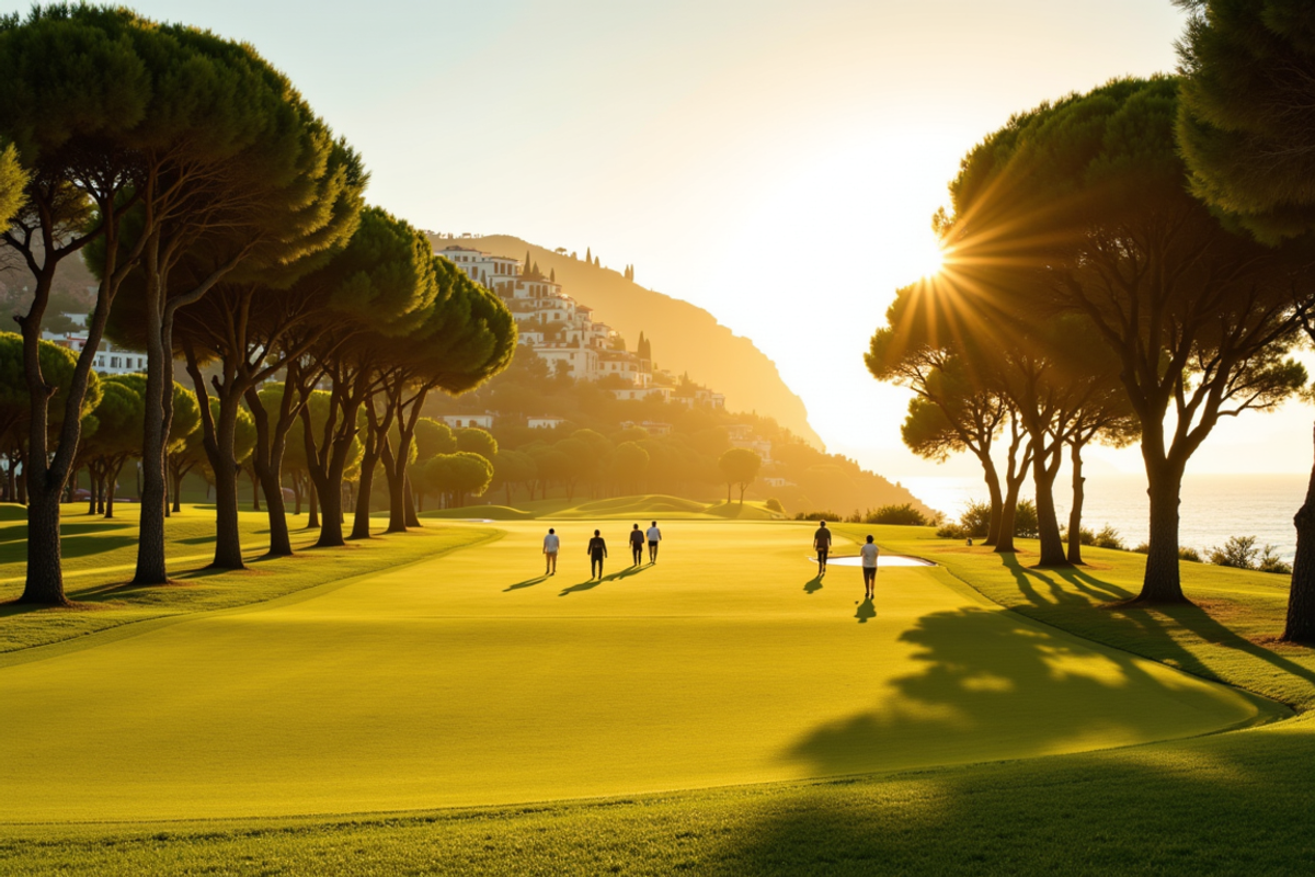 Finca Cortesin and the Andalusian Coast golf journey with Atlas Group Travel: an Andalusian parkland fairway above the Mediterranean at golden hour, mature umbrella pines framing the green, white-washed villa rooftops on the hillside above, a foursome at distance walking toward a distant pin.