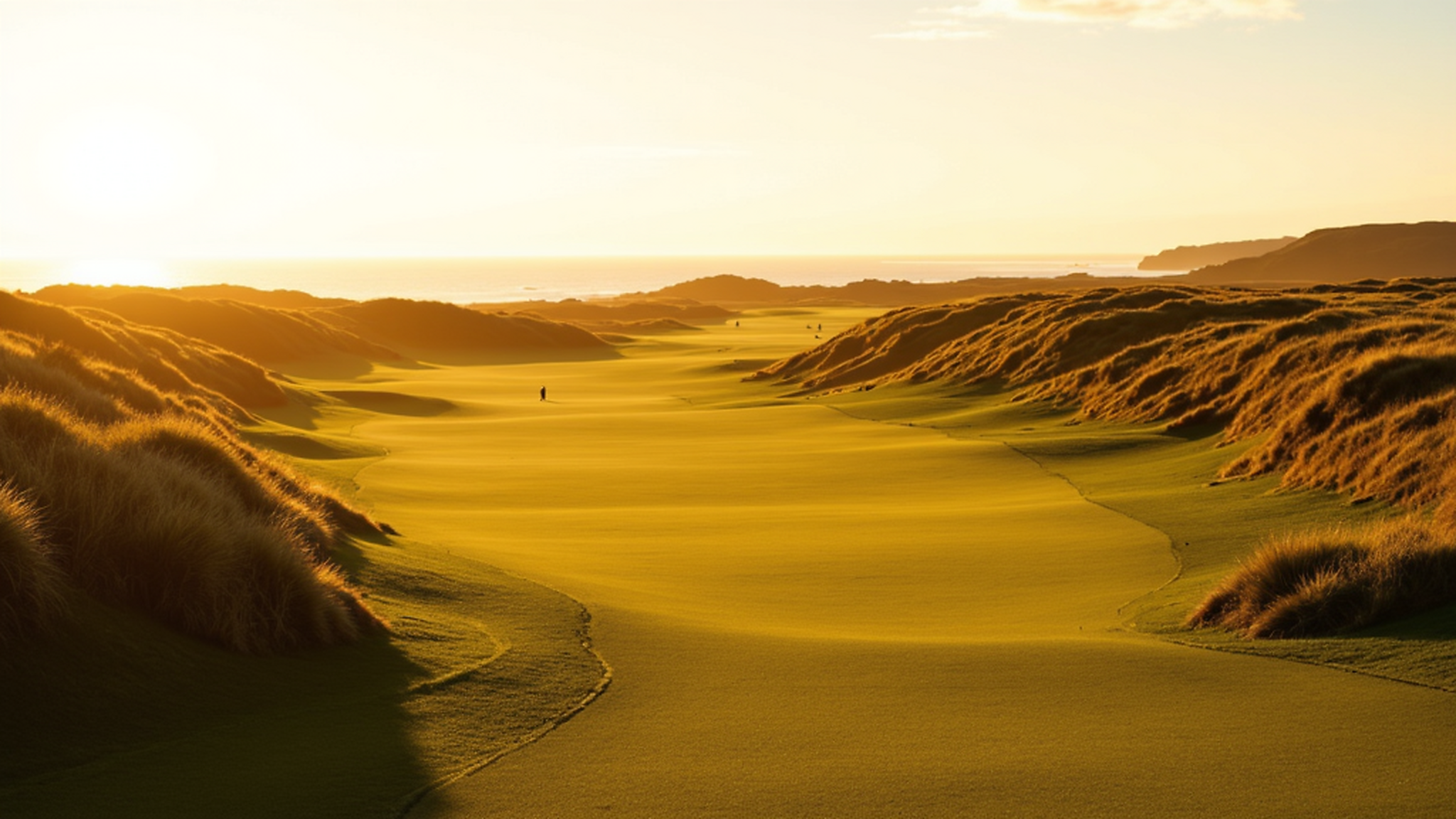 Algarve and Atlantic dunes journey with Atlas Group Travel: a maritime links course at first light with empty dune fairway, Atlantic Ocean in the distance, and warm dawn sidelight on the marram grass.