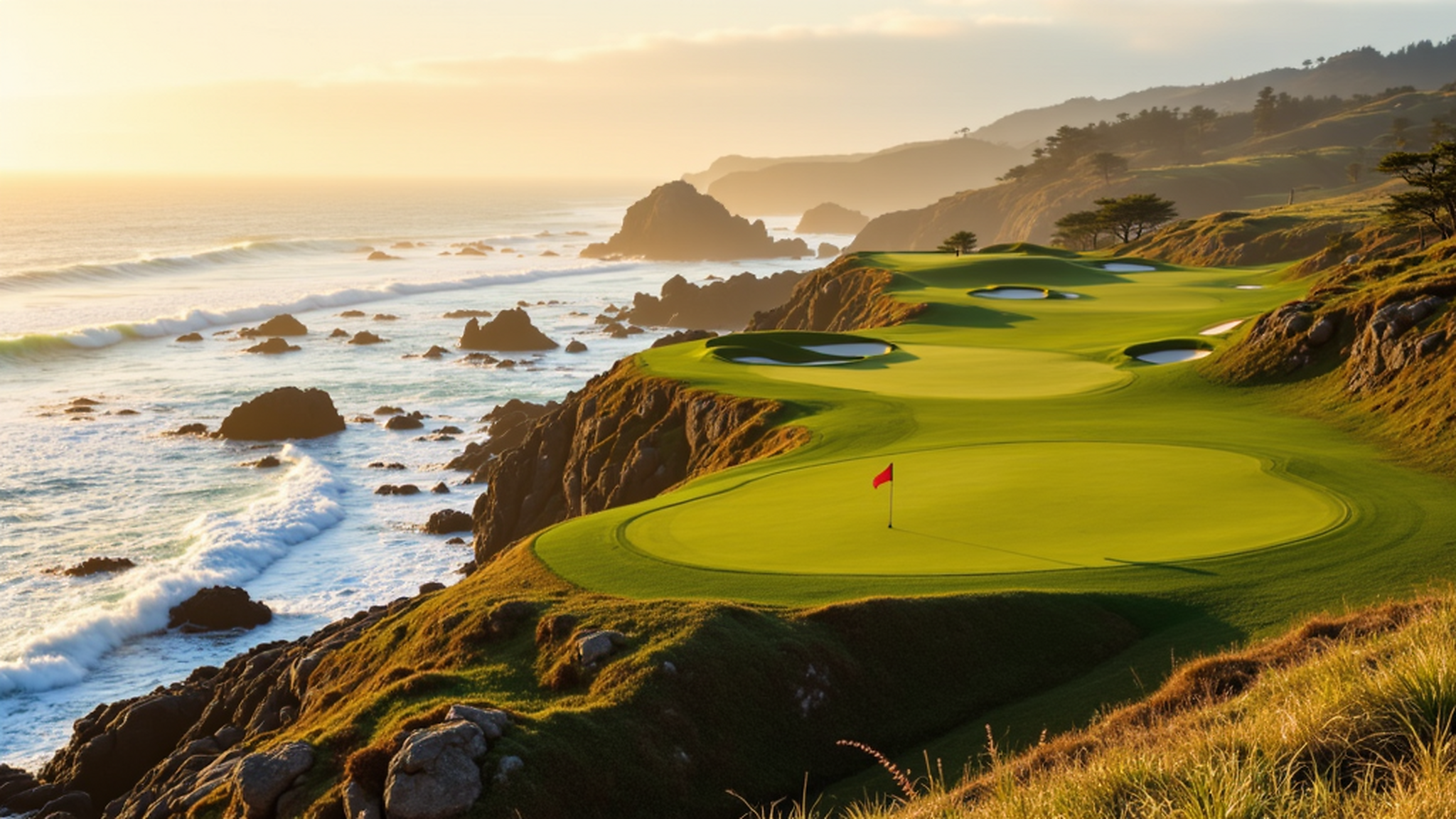 New Zealand golf and lodge journey with Atlas Group Travel: a cliffside fairway above the Pacific Ocean at golden hour with the green poised on the headland edge, distant ocean to the horizon, and warm sidelight across the cliff.